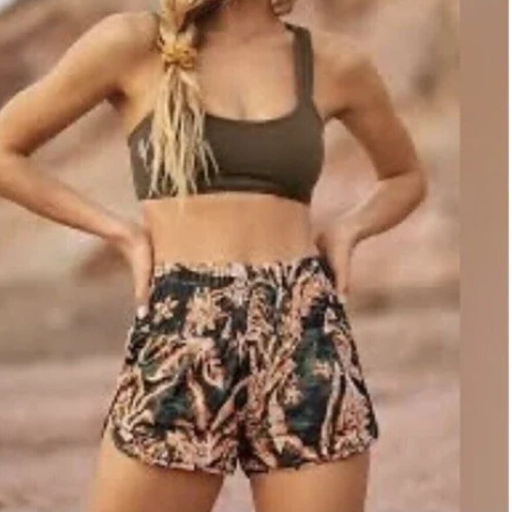 Free People Movement The Way Home Black Floral High Rise Mesh Shorts Size Medium